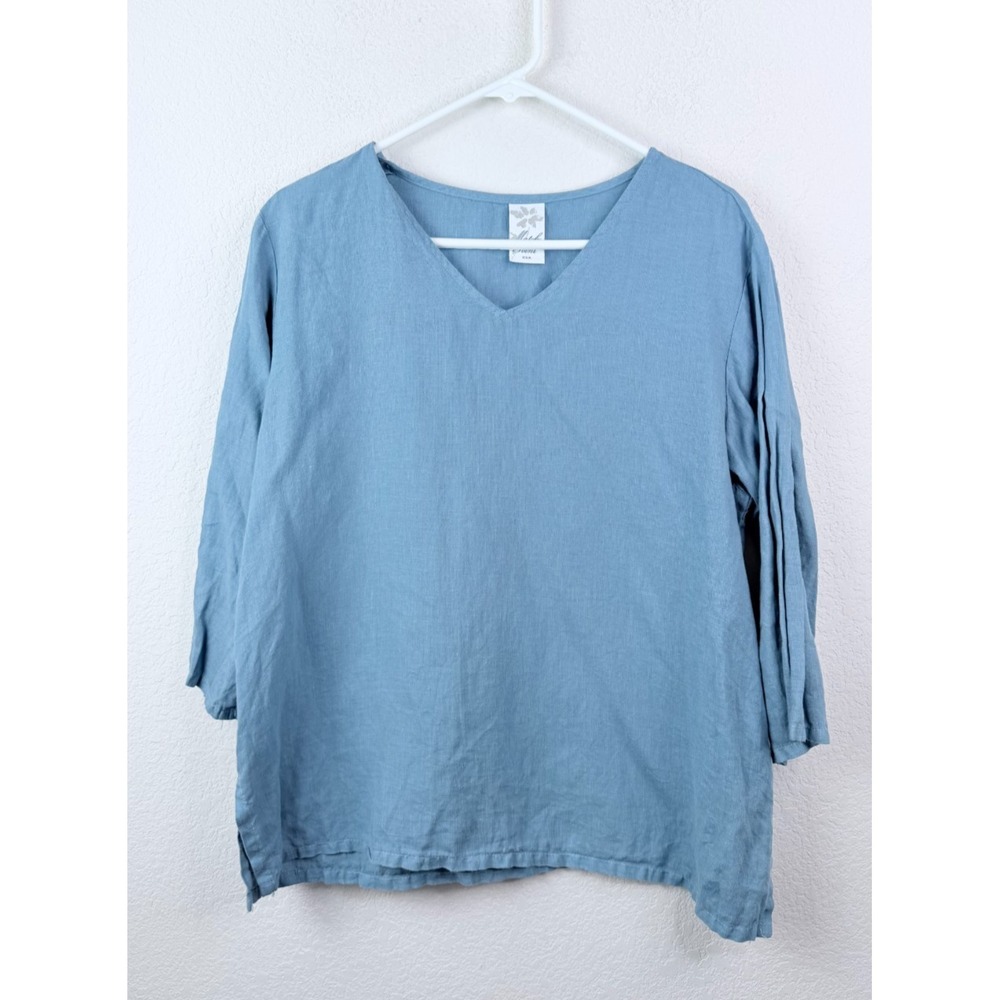 Match Point 100% Linen Top Womens S Blue V-Neck 3/4 Sleeve Coastal Lagenlook USA